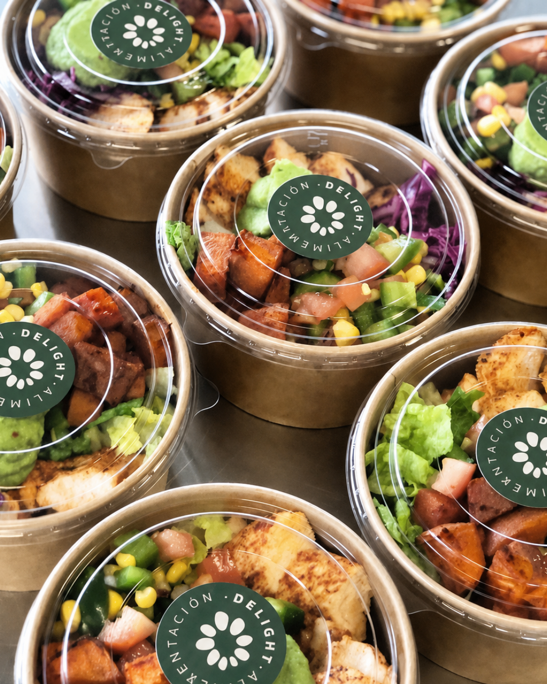 Ensaladas en envases con la identidad de Delight.